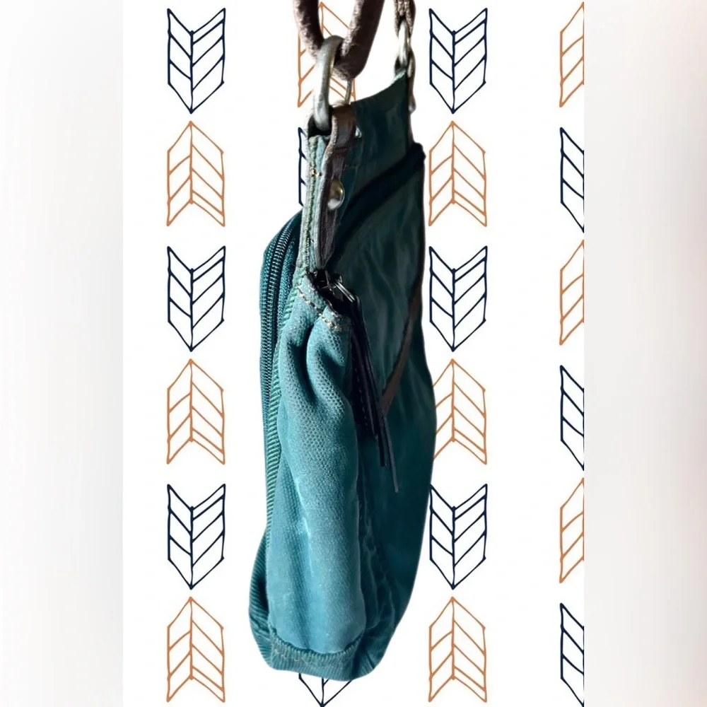 Fossil Teal Green Velvet Corduroy with Brown Leather Trim & Stitching Crossbody